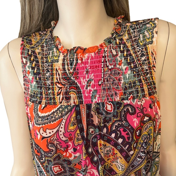 Chetta B Paisley Shift Dress Flowy Colorful Sleeveless Keyhole Shirred Smocked - Picture 3 of 16